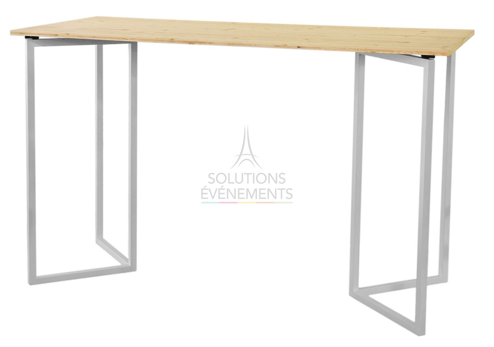 Location de table haute rectangulaire design blanc avec plateau bois éco-responsable