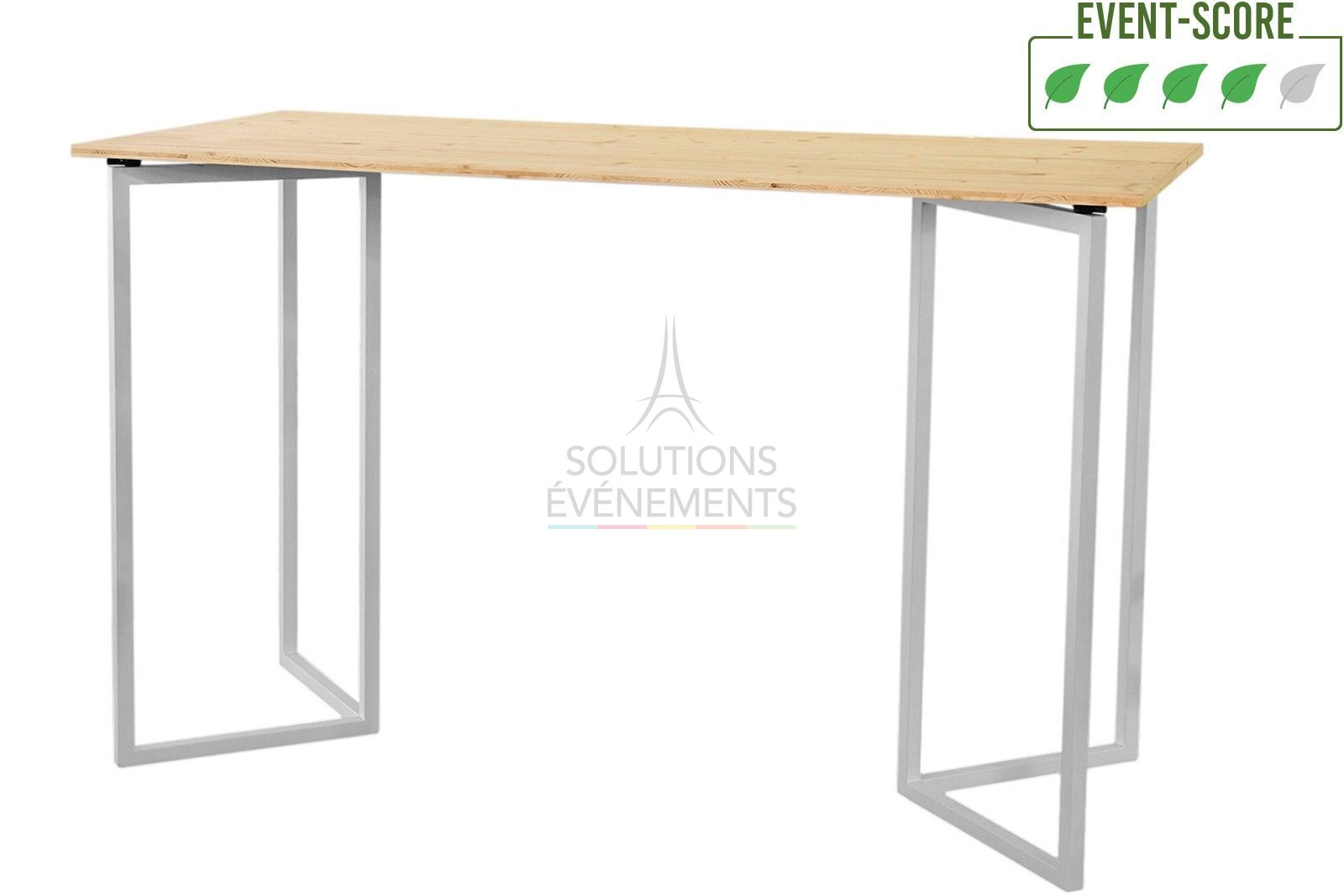 Location de table haute rectangulaire design blanc avec plateau bois éco-responsable