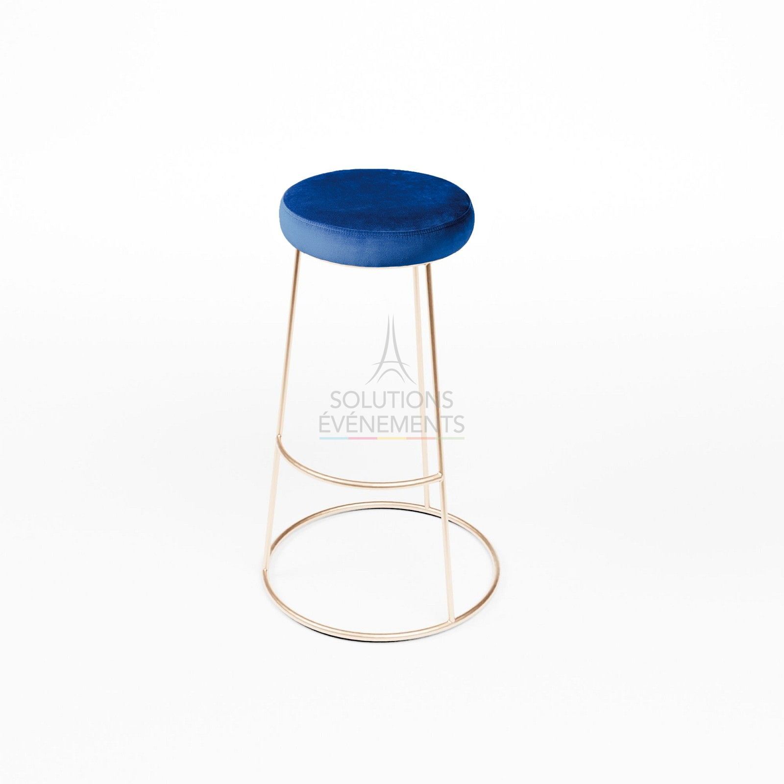 Location tabouret haut chromé or avec pouf velours bleu