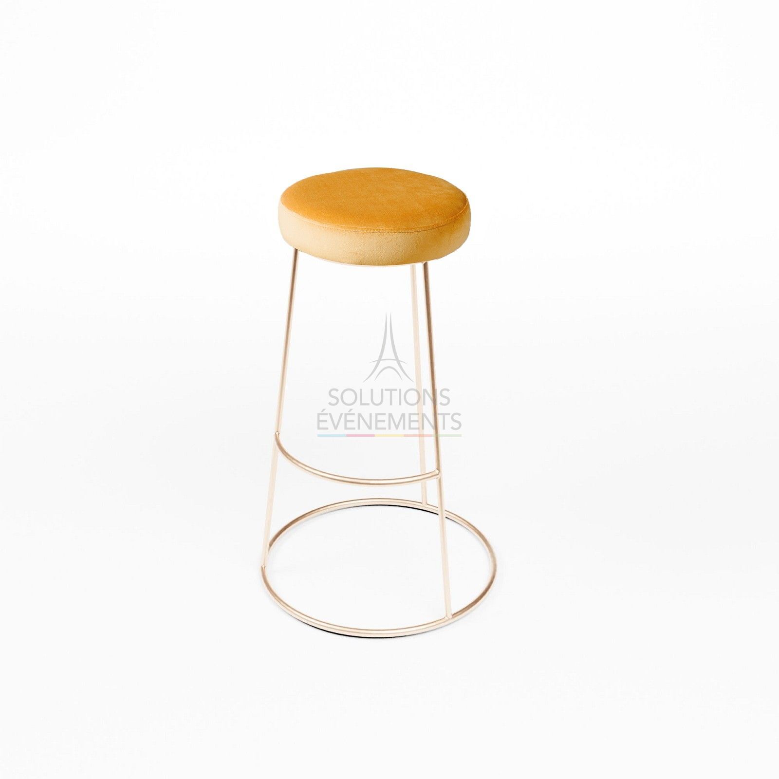 Location tabouret haut chromé or avec pouf velours or