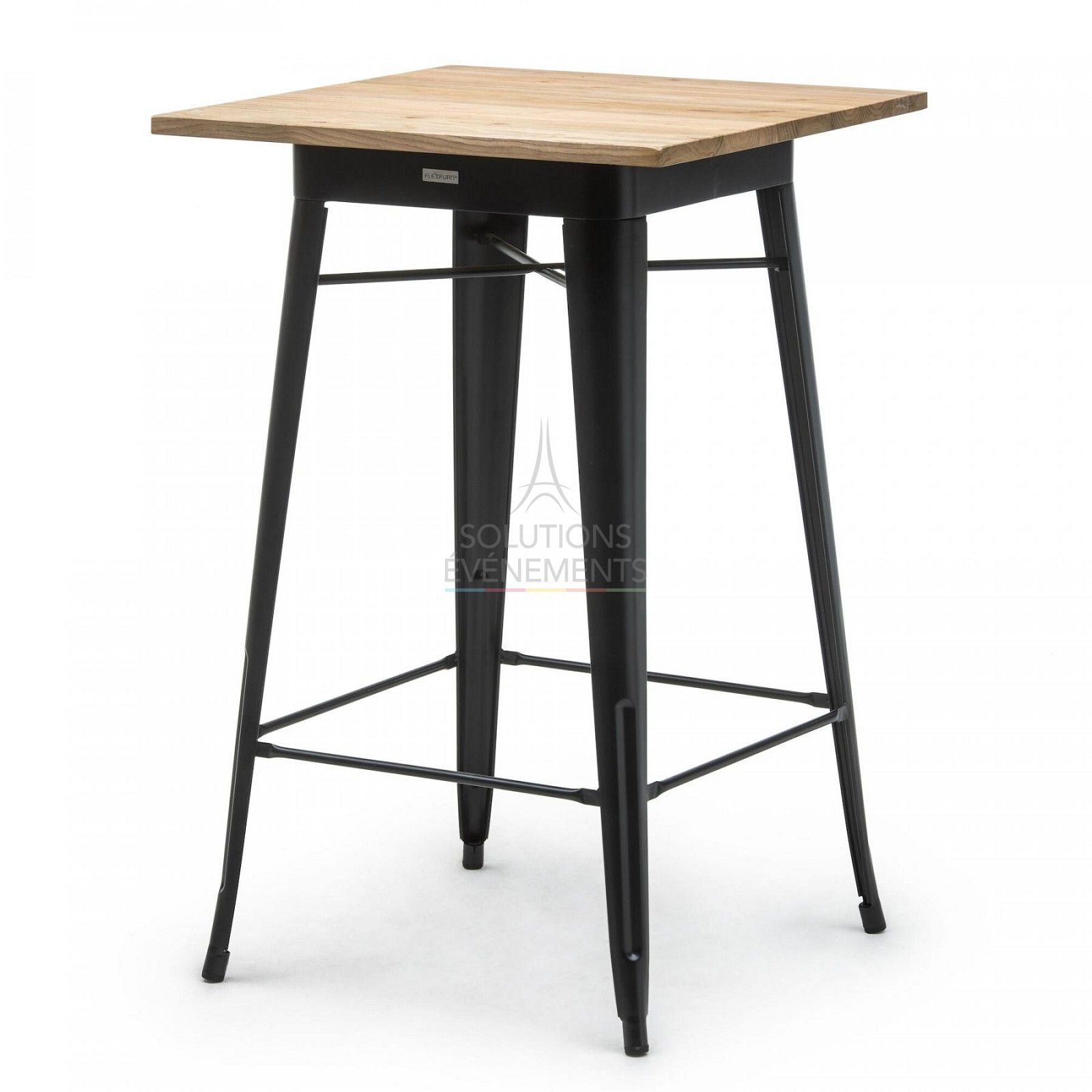 Rental of industrial high table with wooden top.