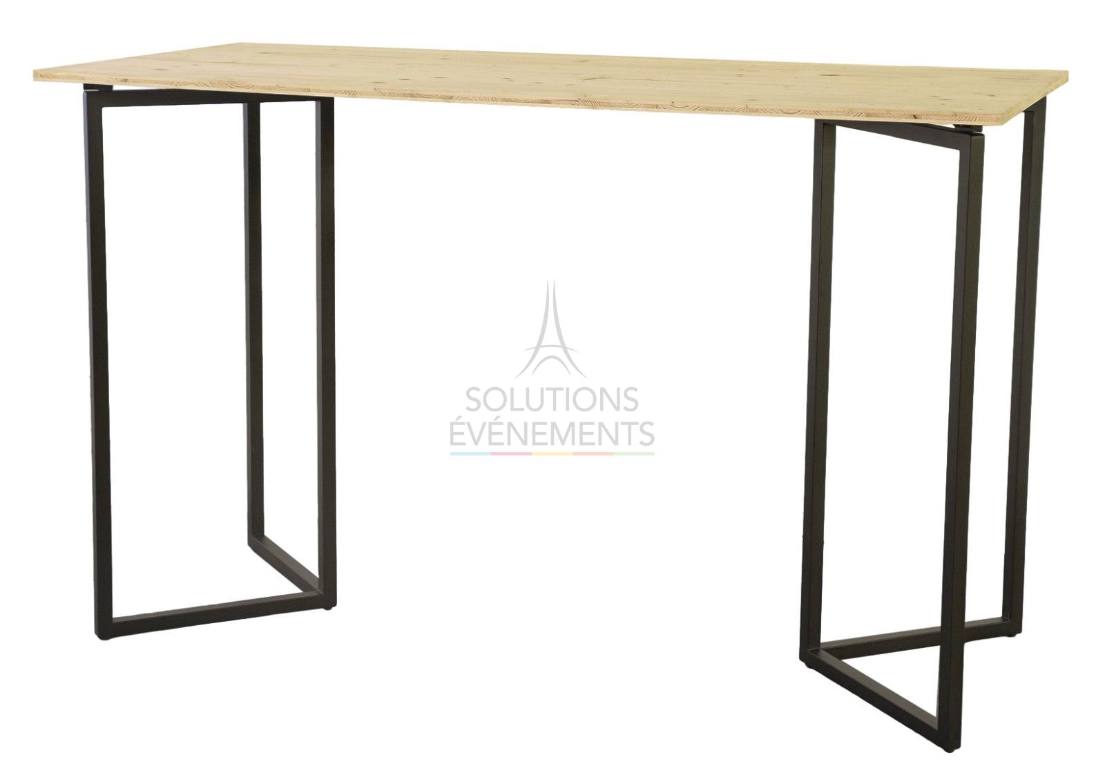 Rental of black designer rectangular high table with eco-responsible wooden top