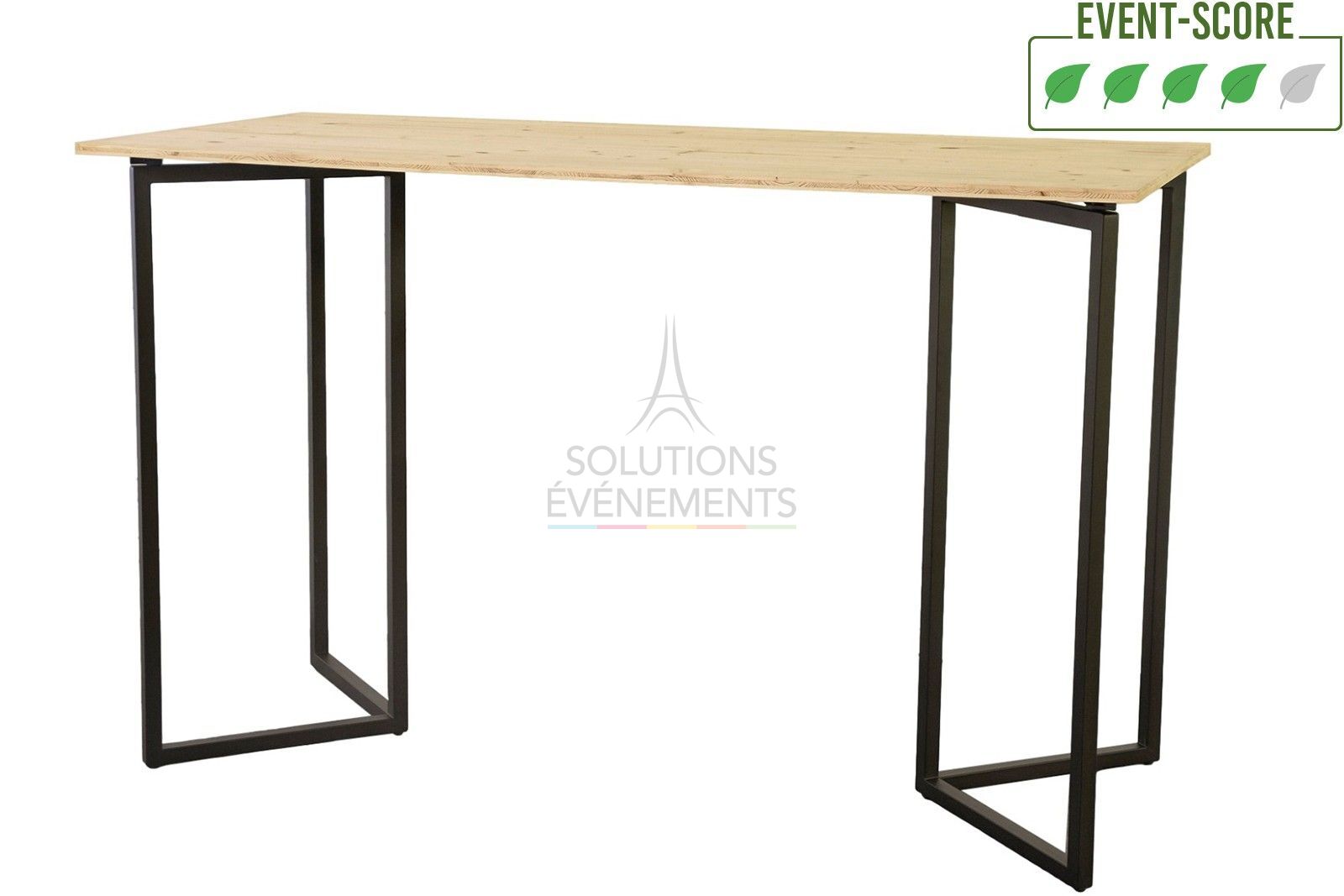 Rental of black designer rectangular high table with eco-responsible wooden top