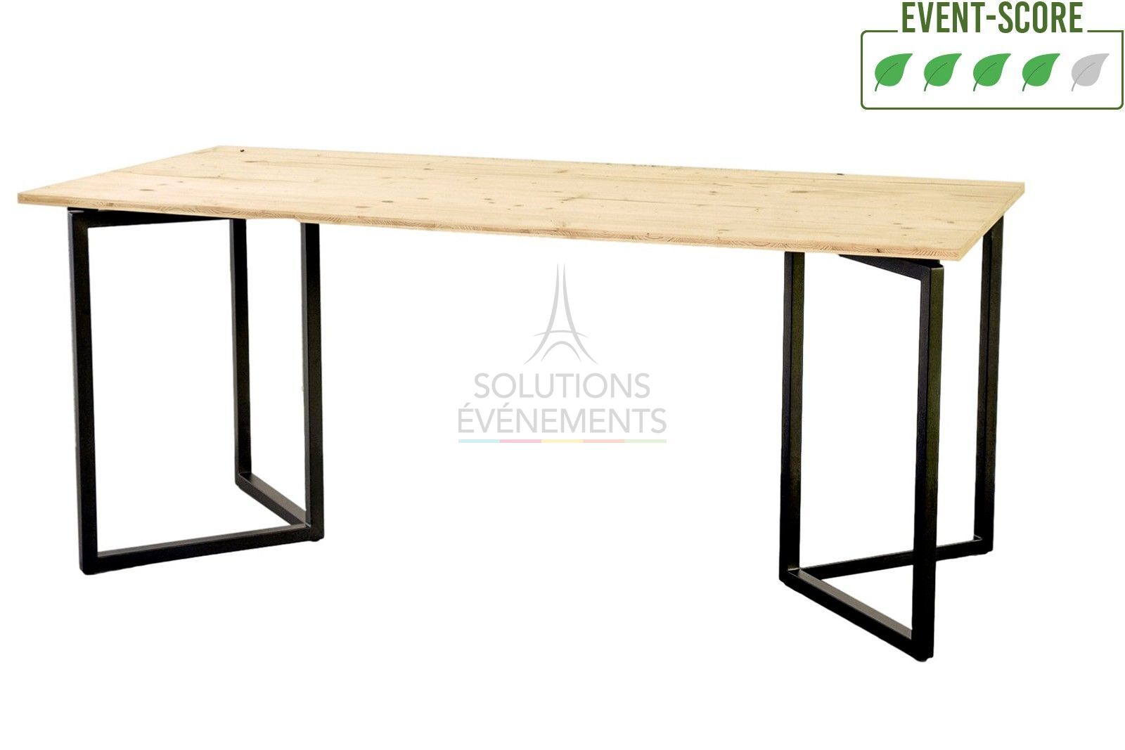 Rental of black designer rectangular table with eco-responsible wooden top