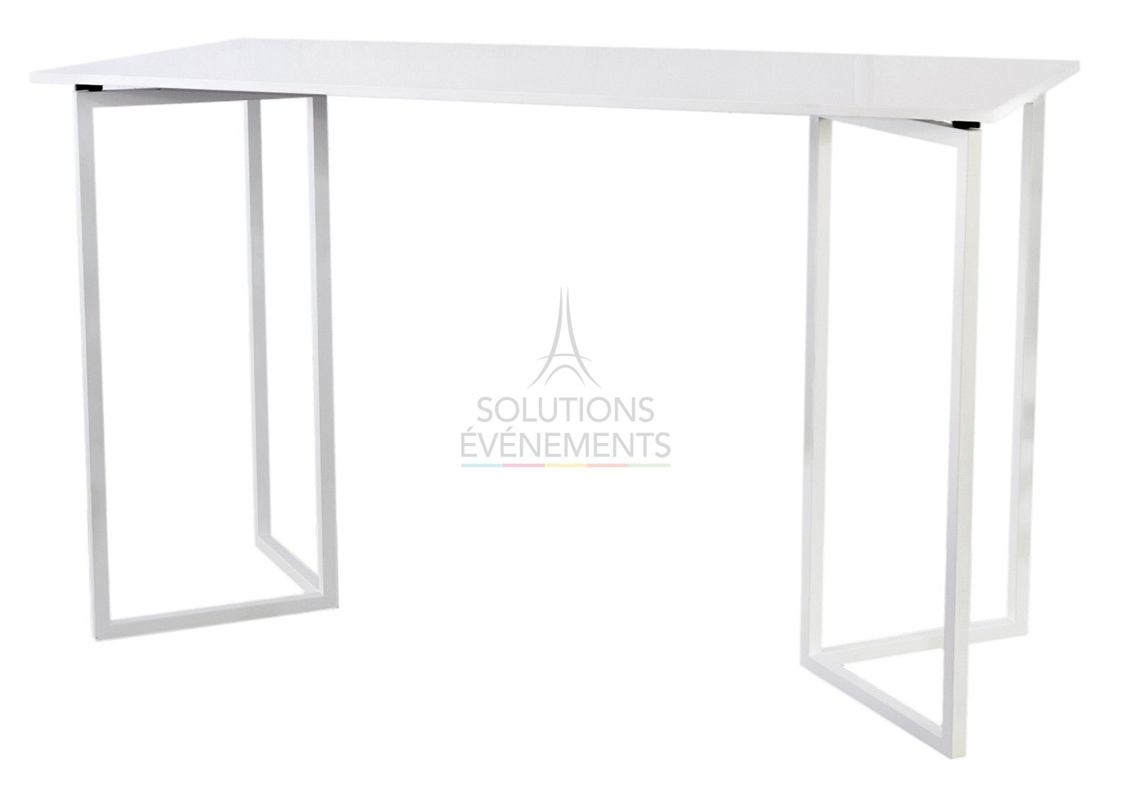 Rental of white designer rectangular high table with white top