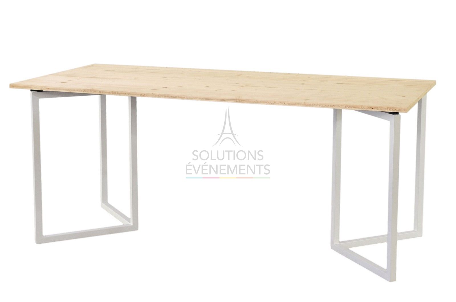 Rental of white designer rectangular table with eco-responsible wooden top