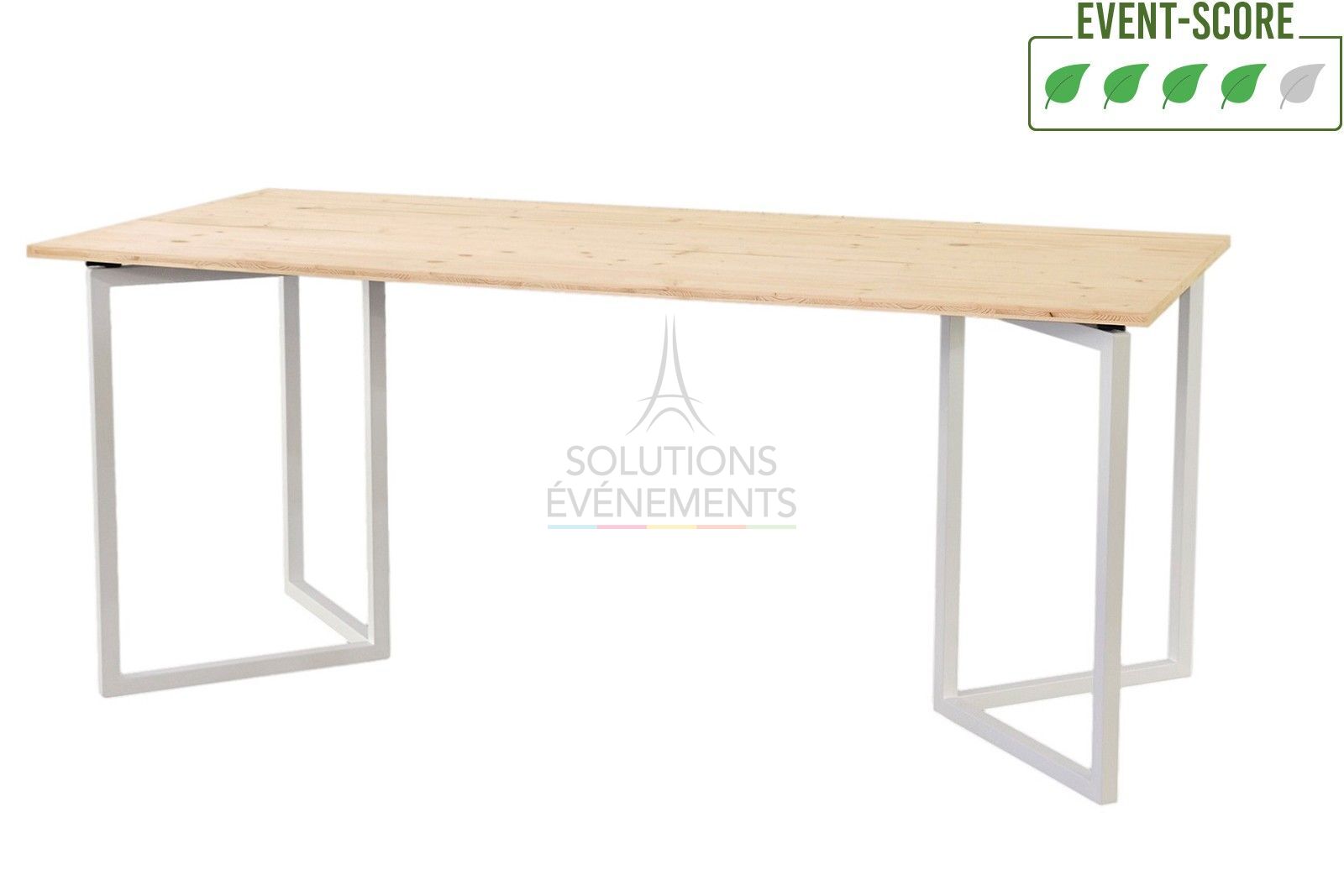 Rental of white designer rectangular table with eco-responsible wooden top