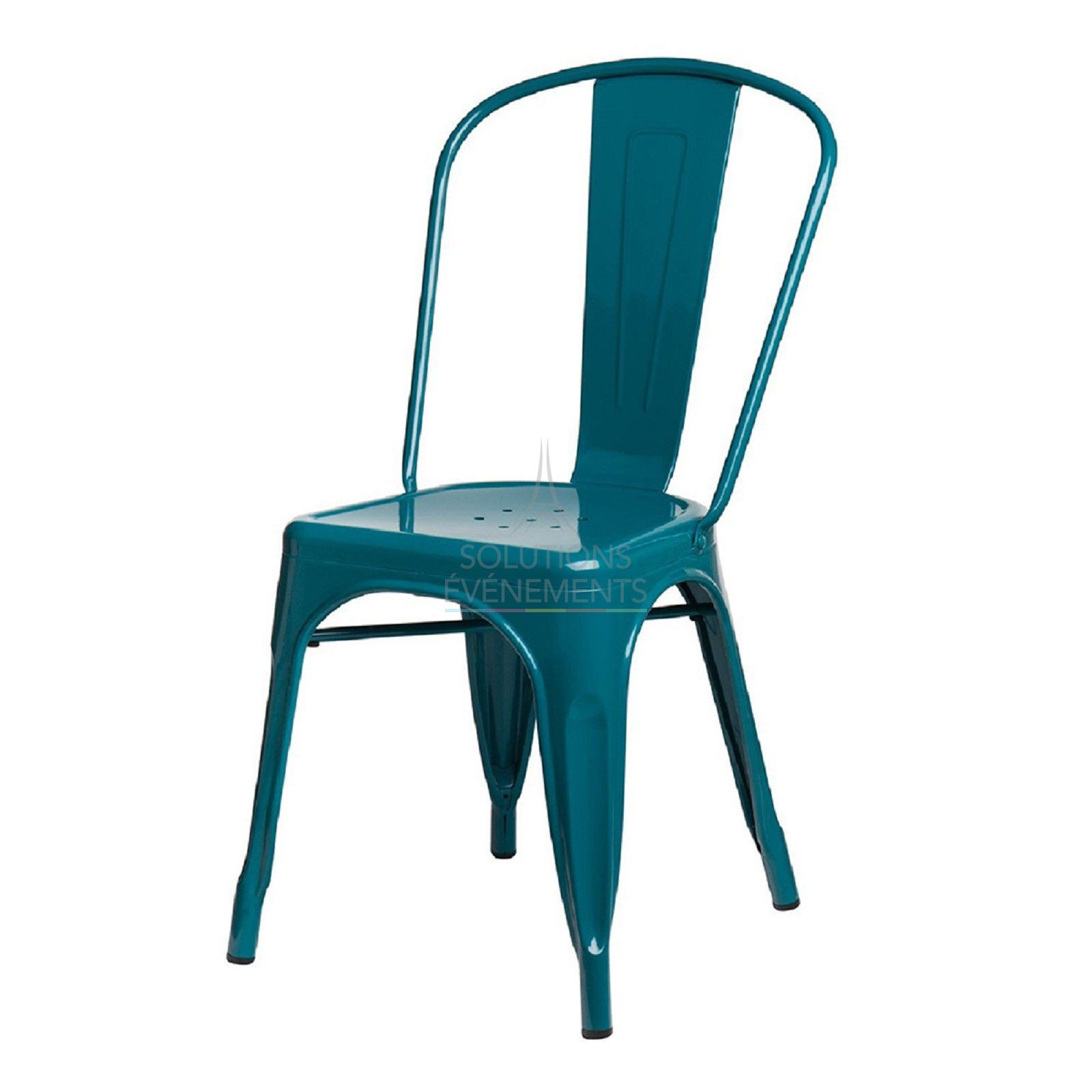 Rental of industrial metal chair in turquoise blue color