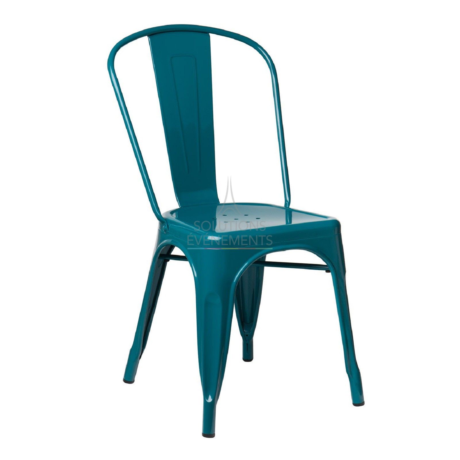 Rental of industrial metal chair in turquoise blue color