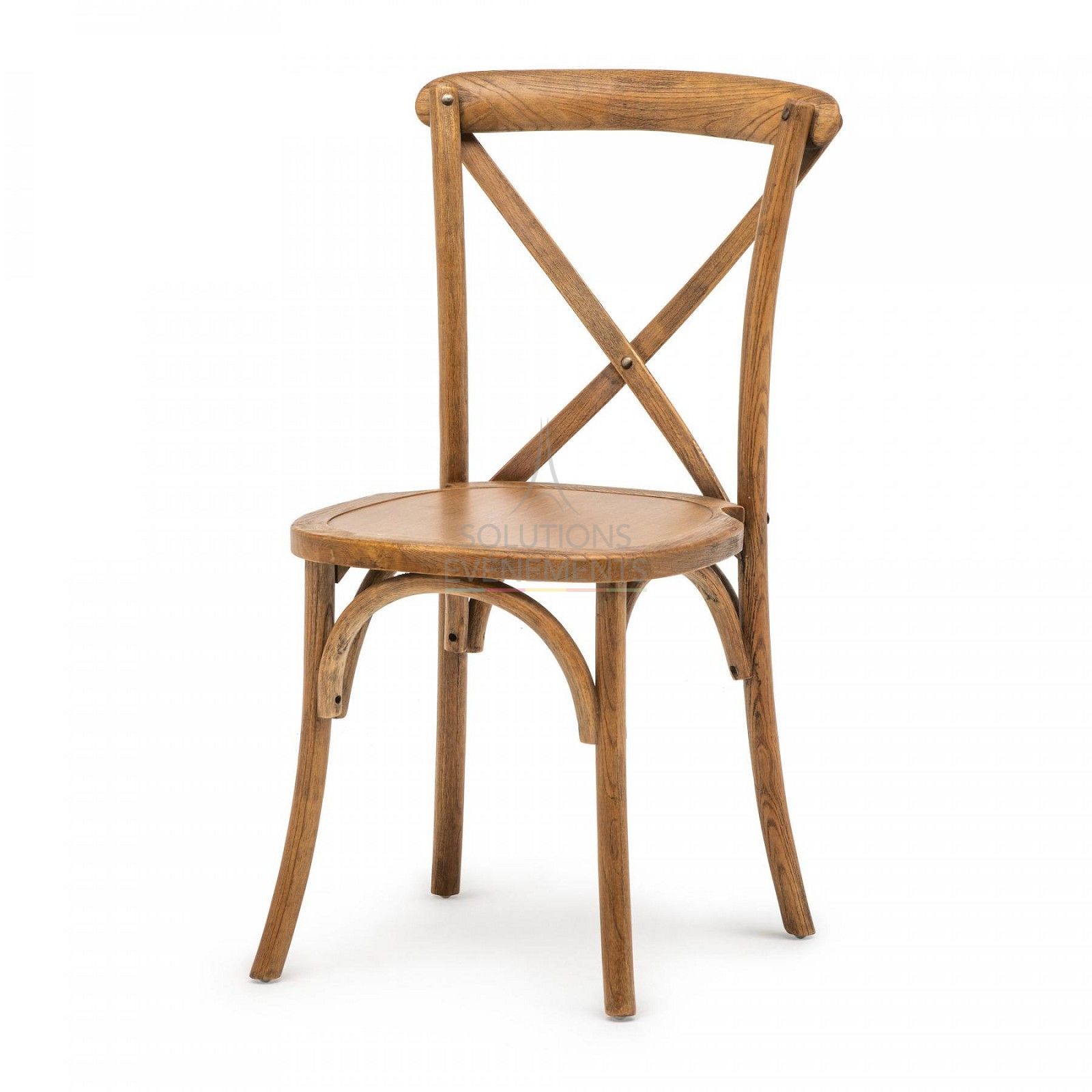 Rental quality chair with wooden cross back.