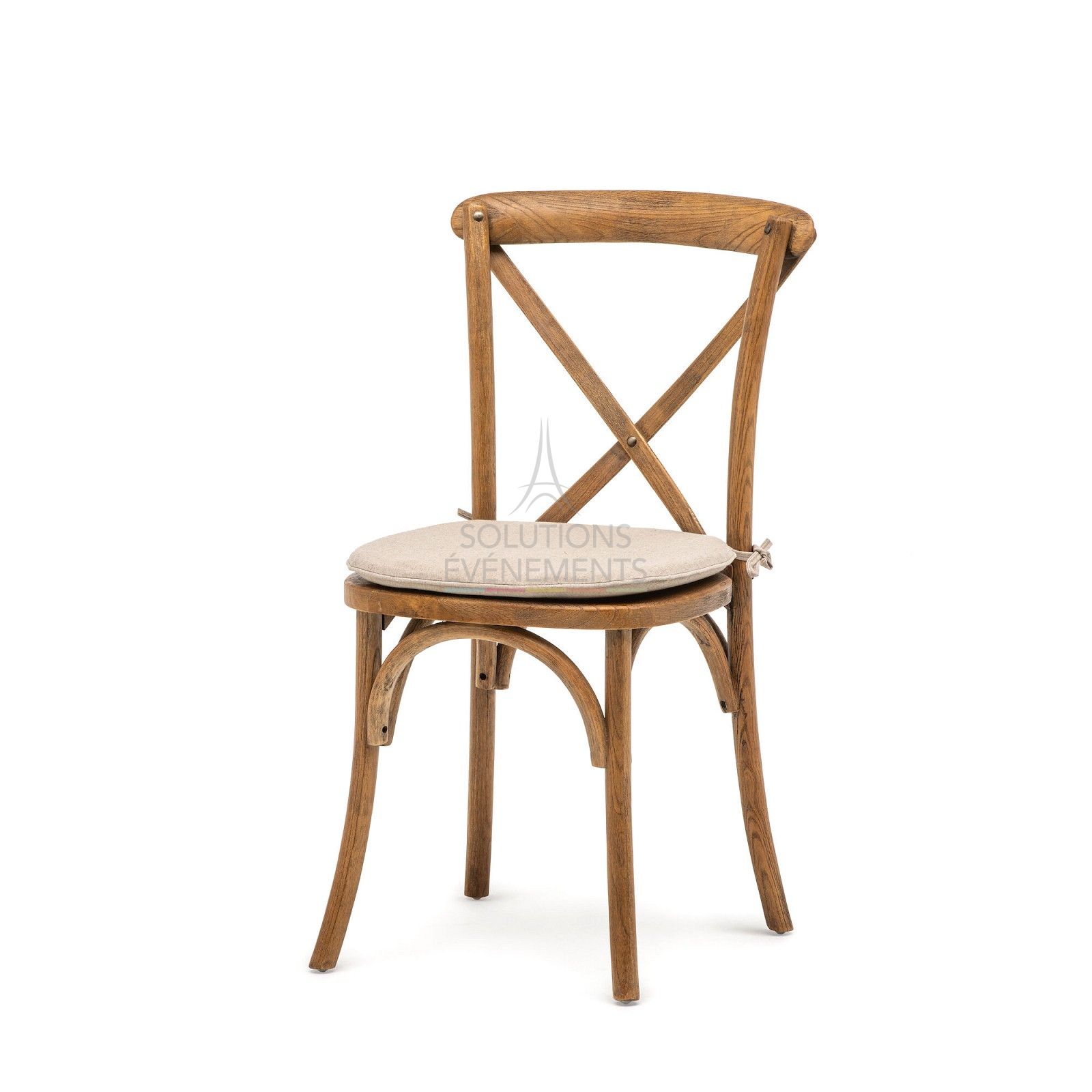 Rental quality chair with wooden cross back and soft M1 cushion.