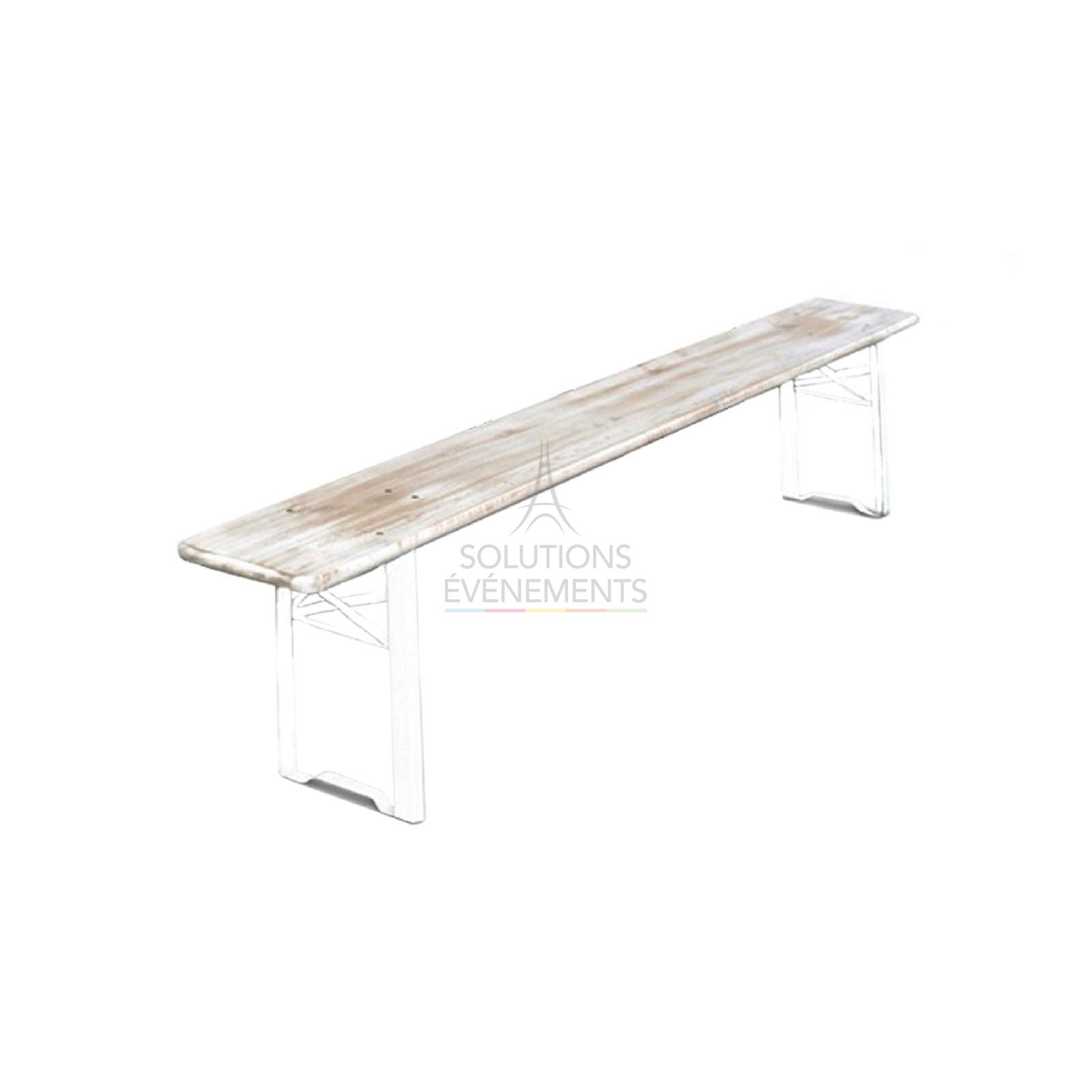 Rental of white wooden bench for brasserie table