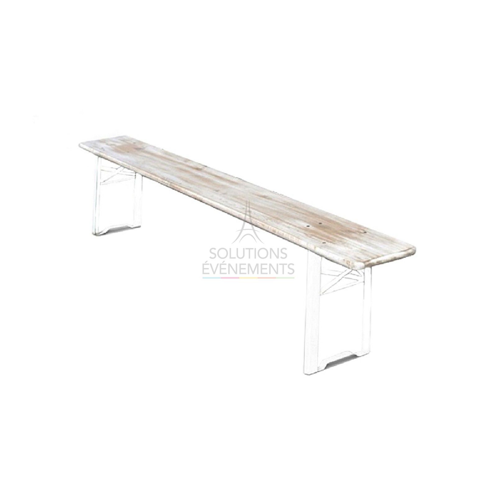 Rental of white wooden bench for brasserie table