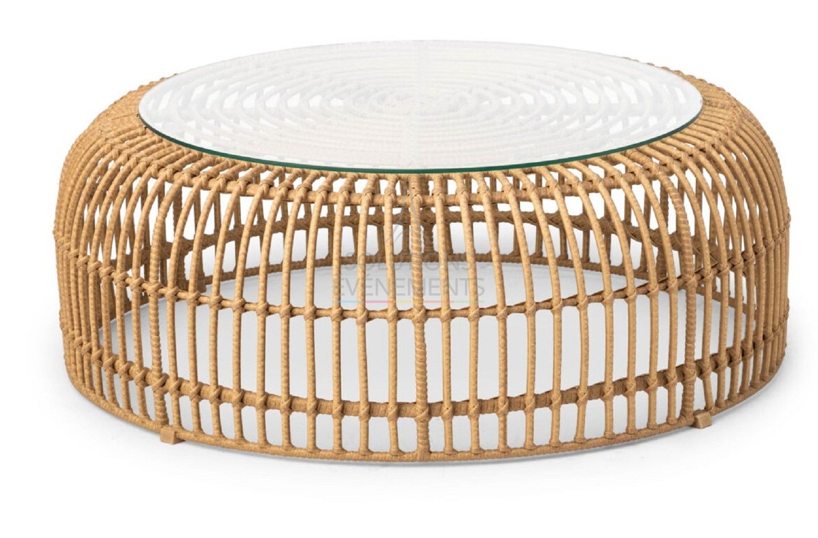 Rental of palm coffee table in beige rattan and glass top