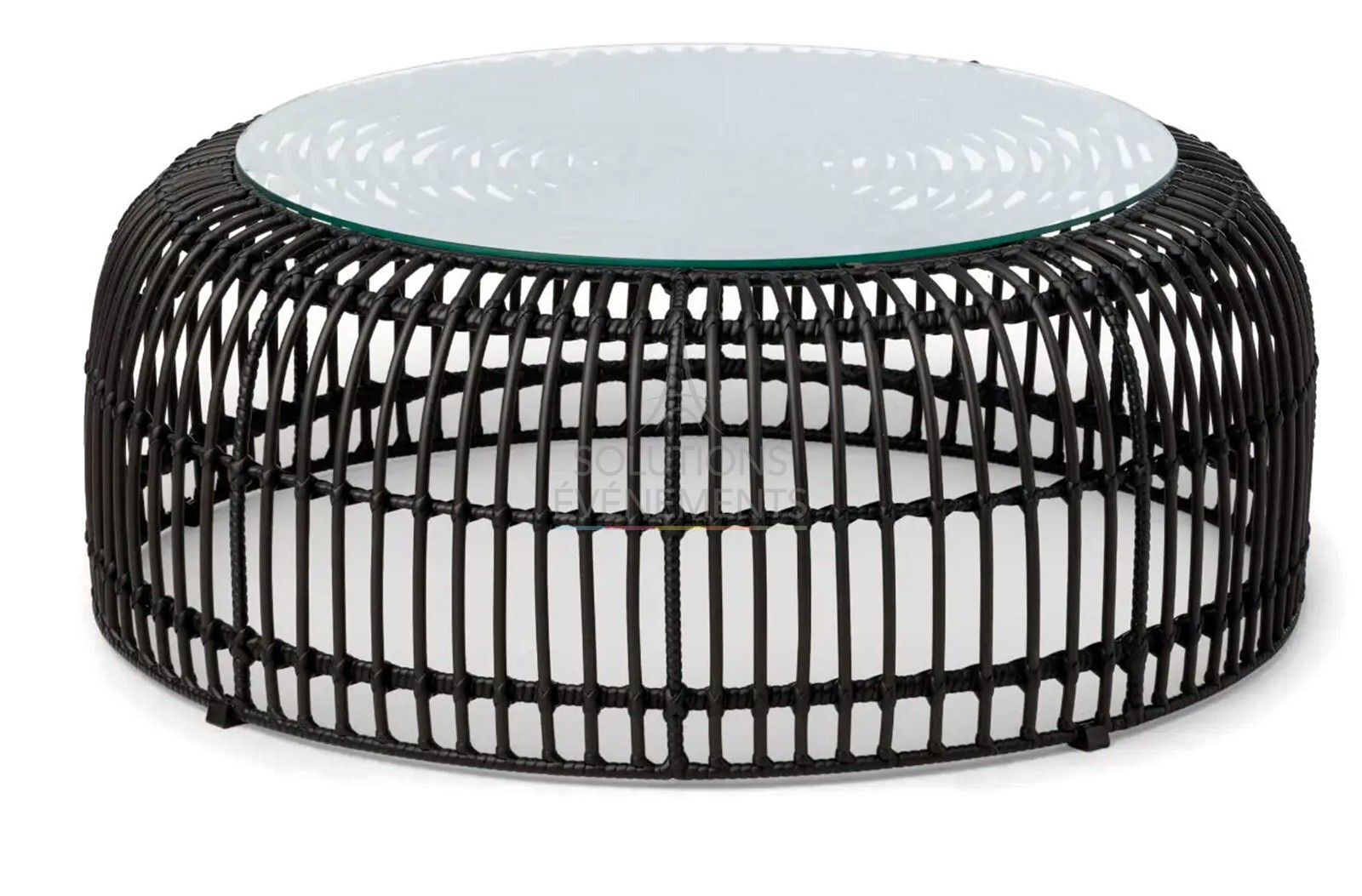 Rental of palm coffee table in black rattan and glass top